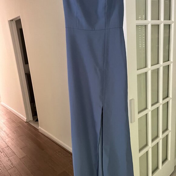 SPAGHETTI STRAP V-BACK CREPE GOWN WITH FRONT SLIT IN LARKSPUR BLUE - Picture 2 of 4